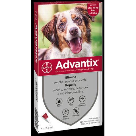 ADVANTIX SPOT ON*soluz 4 pipette 2,5 ml 250 mg + 1.250 mg cani da 10 a 25 Kg ADVANTIX SPOT ON*soluz 4 pipette 2,5 ml 250 mg + 1.250 mg cani da 10 a 25 Kg