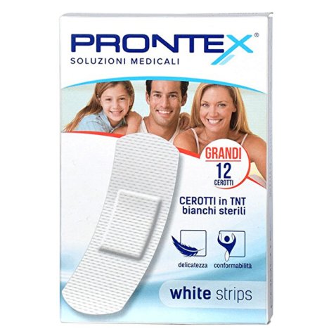 CEROTTO PRONTEX WHITE STRIPS IN TESSUTO NON TESSUTO BIANCO STERILE SCATOLA 12 CEROTTI GRANDI CEROTTO PRONTEX WHITE STRIPS IN TESSUTO NON TESSUTO BIANCO STERILE SCATOLA 12 CEROTTI GRANDI